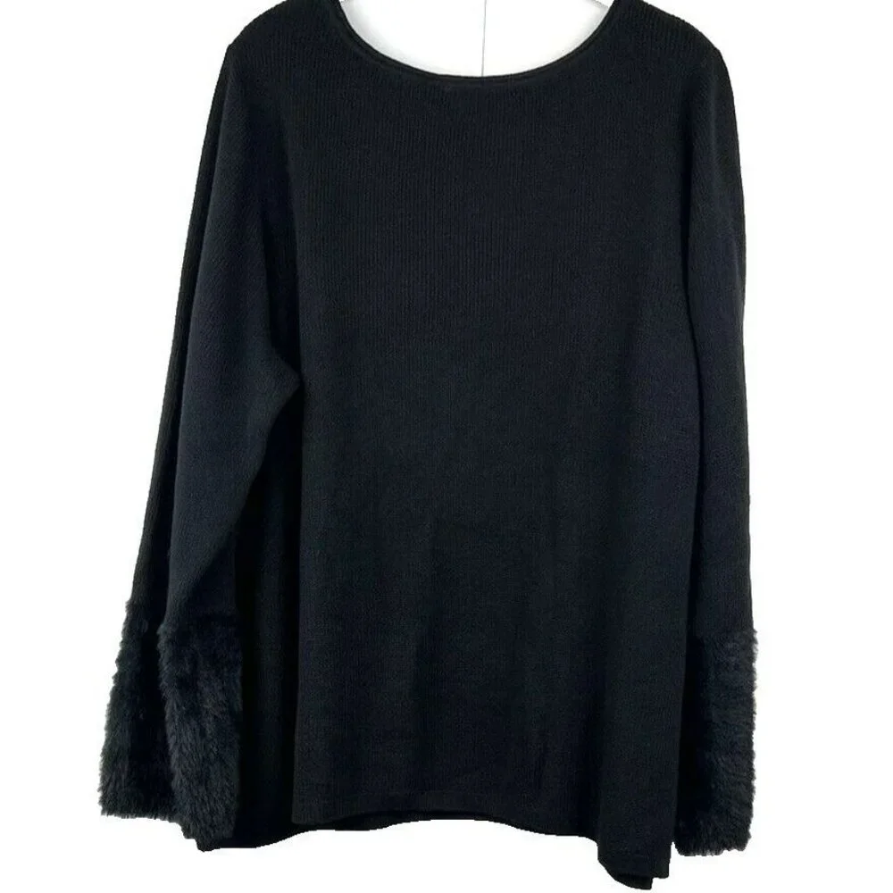 J. Jill Womens Sweater Tunic 2X Plus Solid Black Knit Long Sleeve Faux Fur Cuffs